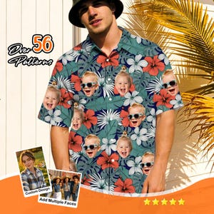 May include: Short-sleeved shirt with a tropical floral design in teal, red, and white. The shirt features smiling baby faces wearing sunglasses. The text "Over 56 Patterns" is displayed on the upper left. The shirt is part of a custom design.