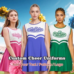 May include: Three cheerleaders wearing custom cheer uniforms. The uniforms are white, pink, blue, and green with team names. The text on the uniforms reads "Blazing Star", "Golden Vortex", and "Panthers". The image also includes the text "Custom Cheer Uniforms Add Your Text / Pattern / Logo".