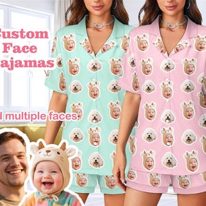 2-teiliges Pyjama-Set - Nur Ein Preis | Personalisierter Damen Pyjama mit Gesicht, kurzärmeliger Pyjama, personalisierte Nachtwäsche, lustiges Geschenk zum Geburtstag/Party
