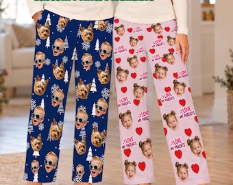 Pantalones de pijama personalizados con foto, estampado personalizado de cara y mascota, tallas para adultos y niños. Opción de felpa disponible.