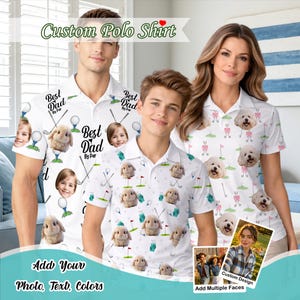 May include: White polo shirts with custom designs, featuring golf-themed graphics and personalized photo inserts. The shirts display the text "Best Dad By Par" and include the option to add photos, text, and colors. The image also includes the text "Custom Polo Shirt".