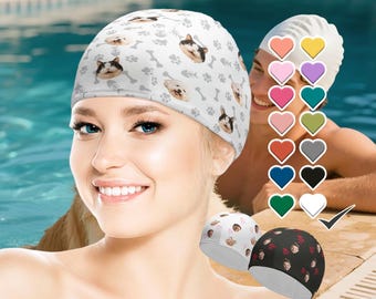 Badekappen personalisiert mit Gesichtern – eine entspannte Pool Zeit mit Ihrem Haustier. Perfekte Geschenke für Schwimmer, Schwimmteams, Clubs & Partygeschenke / freies Design