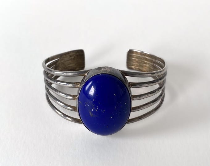 Sterling Silver Navajo Cuff Bracelet with Lapis Lazuli – Signed L. YAZZIE – 1980s Native American Jewelry