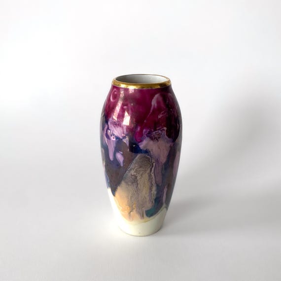 リモージュ釉磁器花瓶 – 抽象的な紫と金のデザイン - 1950年代 - Etsy 日本