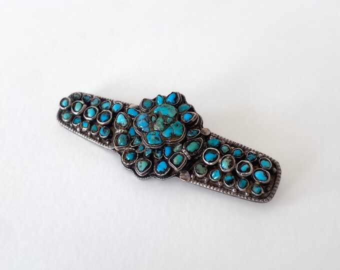 Vintage Silver and Turquoise Brooch – Stylized Face – Mexican Handcrafted Piece, 1940s