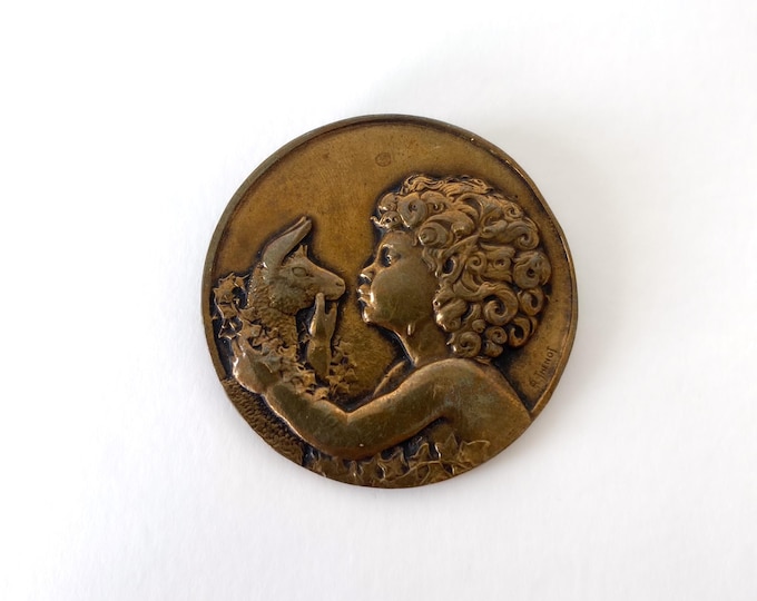 Antique Art Deco Bronze Brooch "The Faun and the Antelope" by François M. Thénot – Signed Medal – c.1930