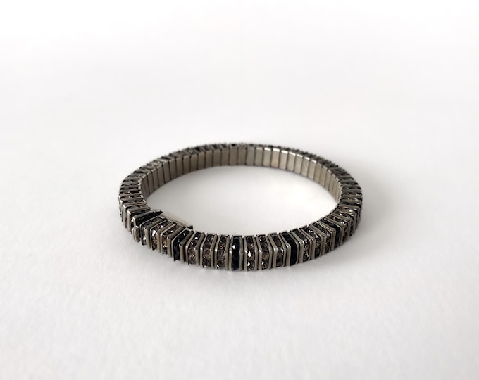 1930s Art Deco Bracelet by Schreiber and Hiller - Silver-tone Metal, Faux Onyx & Rhinestones, DRGM Marked, Germany