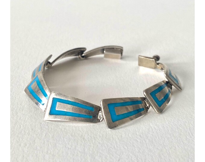 Vintage Mexico Taxco Bracelet, JSF in Sterling Silver with Inlaid Turquoise, 1970s
