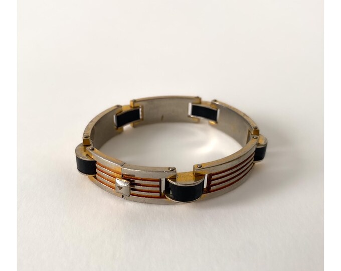 Rare Vintage Art Deco Bracelet by Jakob Bengel – Chrome-Plated Metal & Galalith – 1930s Jewelry
