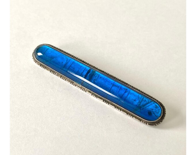Vintage Morpho Brooch in Solid Silver with Butterfly Wings under Glass - Art Deco 1940s