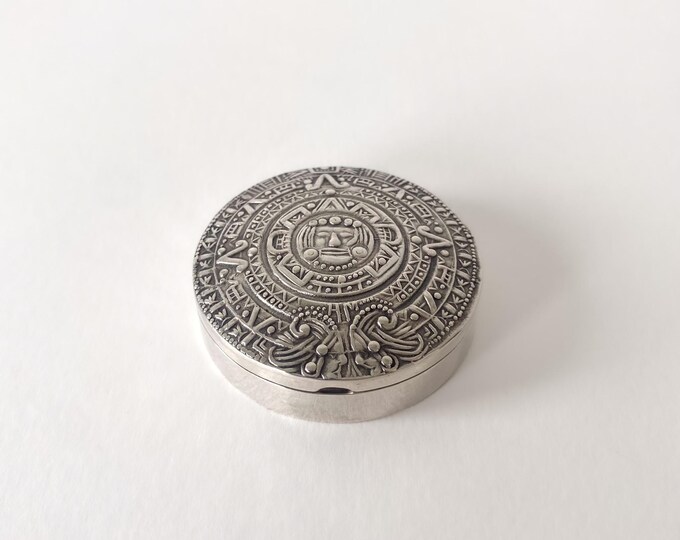 Vintage 925 Sterling Silver Round Box – Aztec Calendar – Taxco Mexico, 1980s