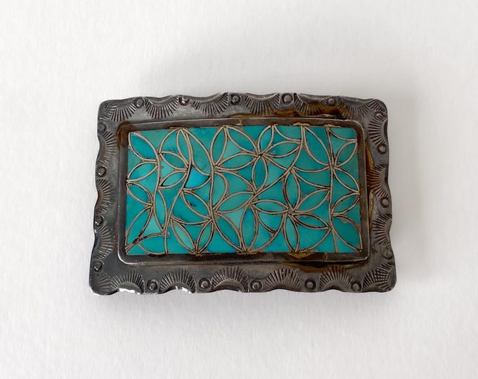 Vintage Zuni Sterling Silver and Turquoise Belt Buckle by Joe & Lola Hechilay – 1960s