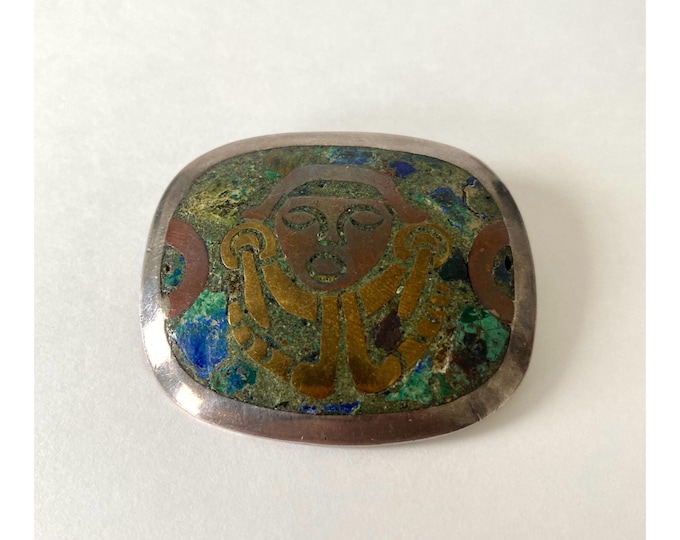 Vintage Sterling Silver 925 Brooch, Los Ballesteros Taxco Mexico, 1950s – Aztec Motifs with Azurite-Malachite Inlays