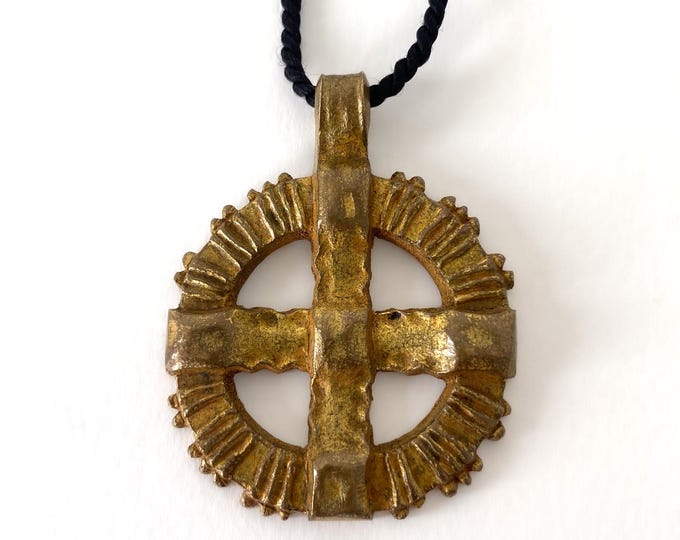Vintage Arthus Bertrand Paris Gilded Bronze Round Cross Pendant Necklace on Black Cord - 1970s