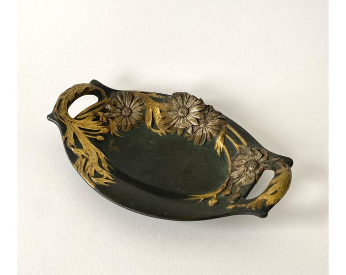 Art Nouveau Bronze Trinket Dish, 1900s, Signed M. Joanny - Gilded Floral Design