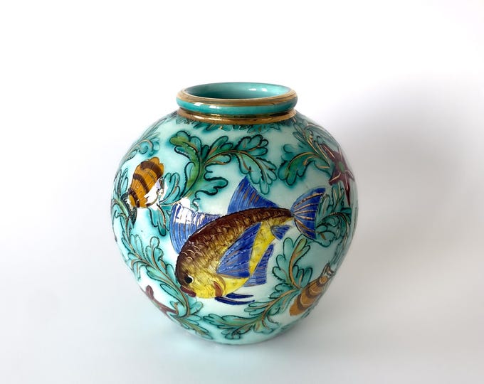 Mid-Century Glazed Ceramic Vase - Signed Cérart Monaco - 1960s Tropical Fish Design - Mediterranean Vintage Decor