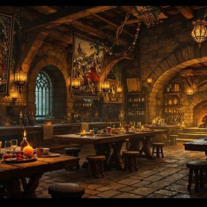 Puede incluir: Una detallada escena interior de un comedor de estilo medieval. La habitación presenta paredes de piedra, puertas arqueadas y mesas de madera con comida y bebidas. Lámparas y una chimenea proporcionan una iluminación cálida, creando un ambiente acogedor.