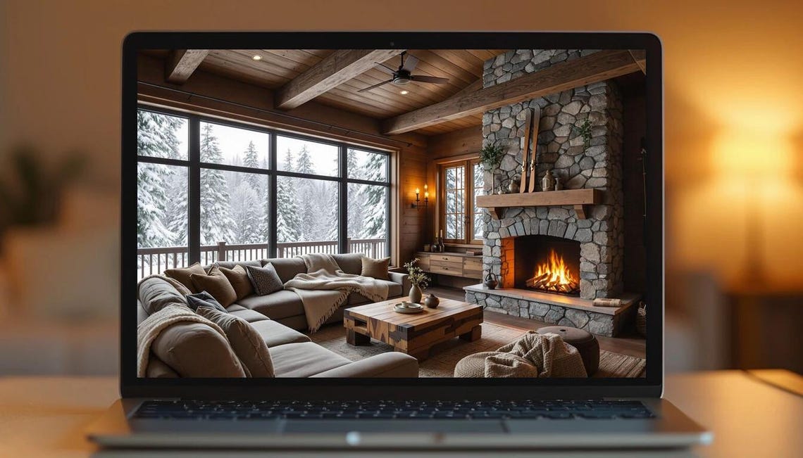 Winter Fireplace Virtual Background | Zoom Background Cozy Log Cabin ...