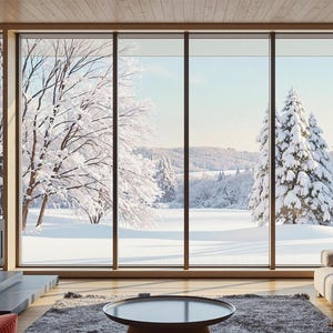May include: A contemporary living room featuring a fireplace and expansive windows showcasing a snowy winter scene. The windows are divided into four panes, offering a view of trees and a snow-covered field. The fireplace is lit and has a black metal surround. The room is furnished with a sofa and a coffee table.
