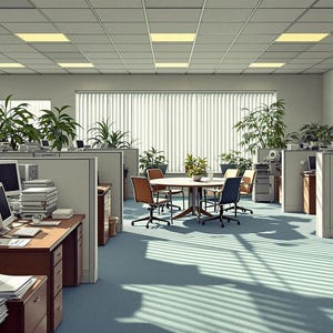 Op de afbeelding: Een modern kantoorinterieur met cubicles, bureaus, computers en planten. Het kantoor heeft een lichtblauw tapijt en witte muren. De afbeelding is in hoge resolutie, 2750 x 1500 pixels, 2K QHD.