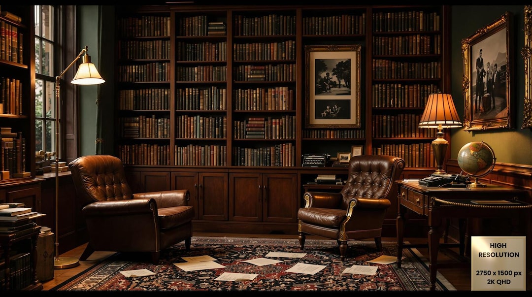 Study 2k Rich Wood Study Virtual Background | Vintage Professional Home Office ...