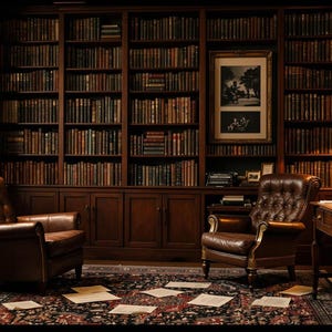 Op de afbeelding: Een donkere houten bibliotheek met twee bruine leren fauteuils, een houten bureau met een lamp en een globe, en boekenkasten vol boeken.