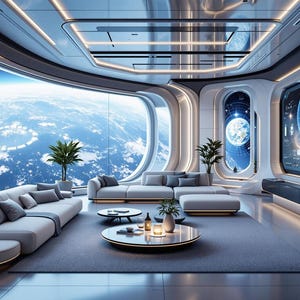 Puede incluir: Una sala de estar futurista con una gran ventana con vistas a la Tierra. La sala cuenta con un sofá modular blanco, dos mesas de centro y una gran pantalla que muestra una imagen digital de la Tierra. La sala está decorada con plantas y tiene un diseño moderno y minimalista.
