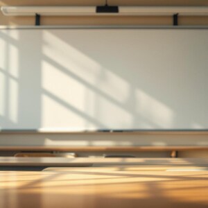 Può includere: Un'aula con banchi di legno in primo piano, che conducono a una grande lavagna bianca sulla parete. La luce del sole entra da una finestra, proiettando ombre. Una lampada è appesa sopra la lavagna. La scena suggerisce un ambiente educativo.