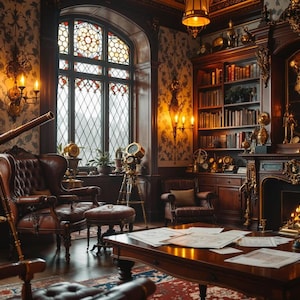 May include: A dark wood library with a large fireplace, a telescope, and a leather armchair. The room is decorated with antique furniture and bookshelves filled with books.