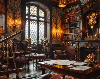 Steampunk viktorianisches Home Office Virtueller Hintergrund | Vintage Studie Hintergrund für Zoom, Teams, Webex (Digitaler Download 2K)