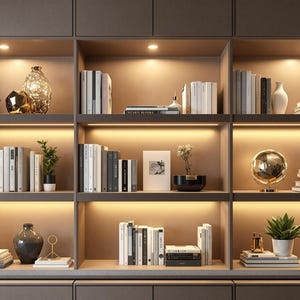May include: A built-in bookshelf with multiple shelves, illuminated by warm lighting. The shelves display books, decorative vases, small potted plants, and a globe. The overall design is modern and minimalist, with a focus on organization and aesthetics.