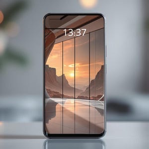 May include: A black smartphone with a sunset landscape as the background image. The time displayed on the screen is 13:37.