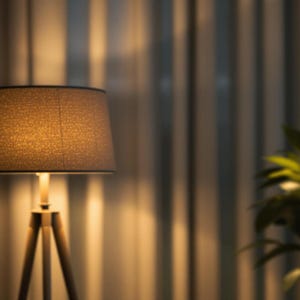 Może przedstawiać: Podświetlana lampa podłogowa z neutralnym abażurem i drewnianą podstawą statywu. Lampa stoi przed oknem z żaluzjami pionowymi. Roślina doniczkowa jest widoczna w tle. Obraz jest w wysokiej rozdzielczości, 2750 x 1500 px, 2K QHD.