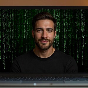以下が含まれることがあります： 緑色のデジタルコードの背景を持つラップトップの画面に男性が映っています。男性は黒いTシャツを着ており、ひげを生やしています。