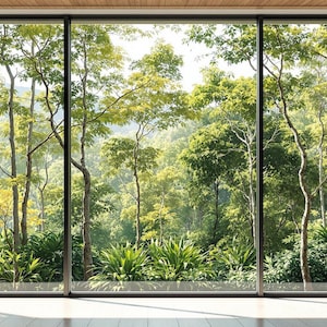 Puede incluir: Una gran ventana con vista a un exuberante bosque verde. La ventana está dividida en tres secciones por marcos negros. El texto "HIGH RESOLUTION 2750 x 1500 px 2K QHD" es visible en la esquina inferior derecha de la imagen.