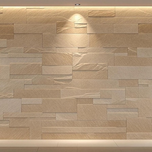 May include: A wall made of beige and light brown stone tiles. The wall is lit by spotlights. A sign in the lower right corner reads "HIGH RESOLUTION 2750 x 1500 px 2K QHD".