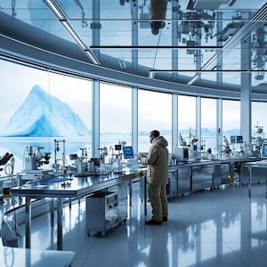 May include: A modern laboratory with large windows overlooking a snowy landscape with a large iceberg in the distance. A person is standing in the lab looking at a computer screen. The lab is equipped with microscopes, beakers, and other scientific equipment. The text "HIGH RESOLUTION 2750 x 1500 px 2K QHD" is displayed in the lower right corner of the image.