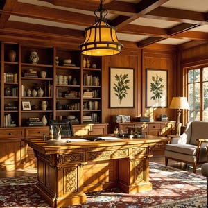 May include: A wood-paneled home office with a large desk, bookshelves, and windows. The desk is made of dark wood and has a carved design. The bookshelves are filled with books and decorative items. The windows are large and let in a lot of natural light.