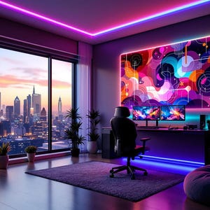 May include: A modern gaming setup with a large screen displaying an abstract design, a gaming chair, and a desk with two monitors. The room has a city view and is decorated with colorful LED lights.