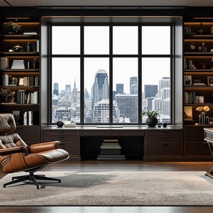May include: A modern home office with dark wood paneling, built-in bookshelves, and a large window with a city view. A brown leather armchair sits in front of a desk with a laptop and other office supplies.