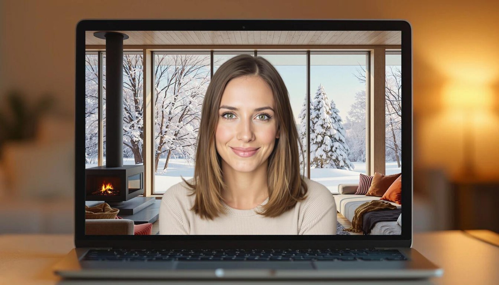 Virtual Background Cozy Snowy Winter Cabin | Professional Home Office ...