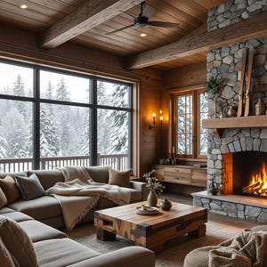 Puede incluir: Una acogedora sala de estar con un gran sofá seccional, una mesa de café de madera y una chimenea de piedra con un fuego crepitante. La habitación tiene grandes ventanas con vistas a un bosque nevado.