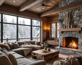 Arrière-plan virtuel de cheminée d'hiver | Scène de cabane en rondins confortable en arrière-plan avec zoom (Téléchargement numérique 2K)