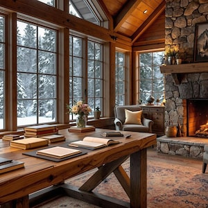 May include: A warm, inviting cabin interior featuring a wooden table, books, and a decorative lamp. A stone fireplace with a roaring fire and a snowy forest view through large windows create a cozy atmosphere. The image is high resolution.