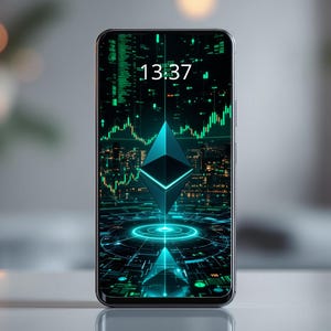 Puede incluir: Un teléfono inteligente que muestra un reloj digital con la hora 13:37 y un logotipo de criptomoneda Ethereum azul y verde sobre un fondo oscuro con un horizonte urbano y líneas verdes y negras.