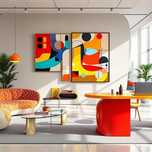 May include: A modern living room featuring a curved orange and white sofa, a glass coffee table, and a large abstract painting in red, yellow, blue, and black. The room has large windows with a city view and a desk with a laptop.