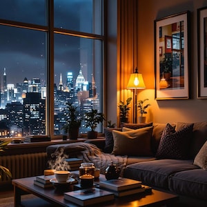 Peut inclure: Un salon avec une grande fenêtre donnant sur une vue nocturne de la ville. La pièce est meublée d'un canapé, d'une table basse et d'une lampe. Il y a des plantes dans la pièce, et les lumières de la ville se reflètent dans la fenêtre.