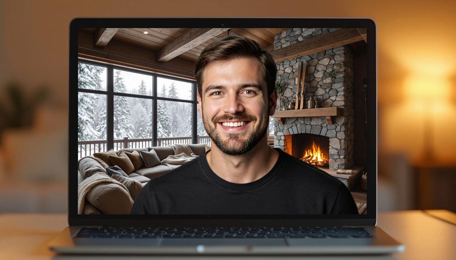 Winter Fireplace Virtual Background | Zoom Background Cozy Log Cabin ...
