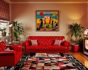 1950s Retro Home Office Zoom Background: Vintage Living Room (Digital Download)