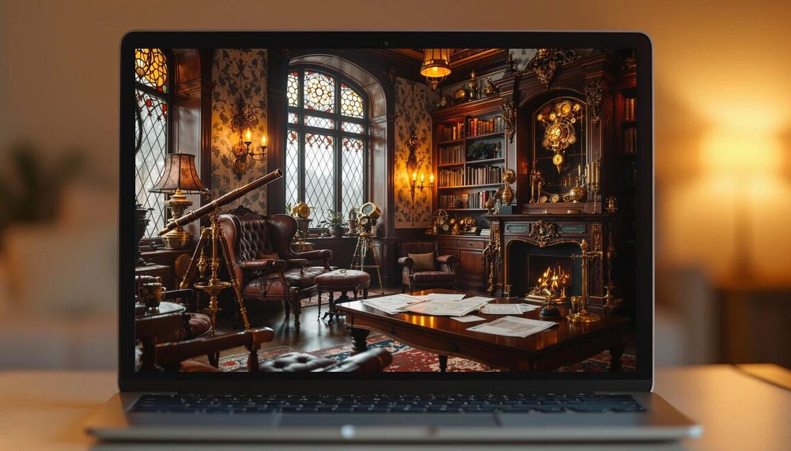 Steampunk Victorian Home Office Virtual Background | Vintage Study ...